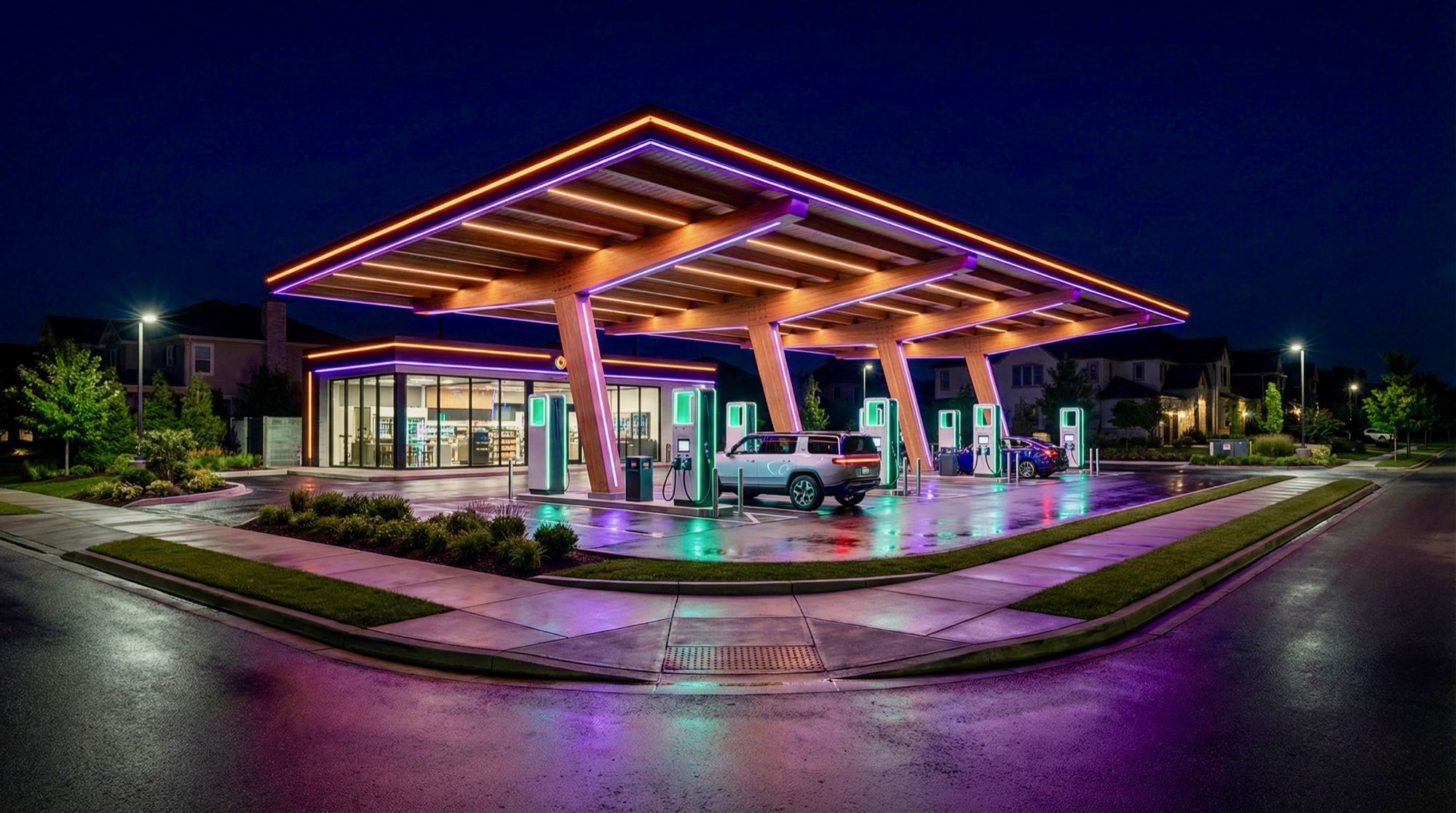 Concept rendering of a ChargeVia charging stop illuminated at night
