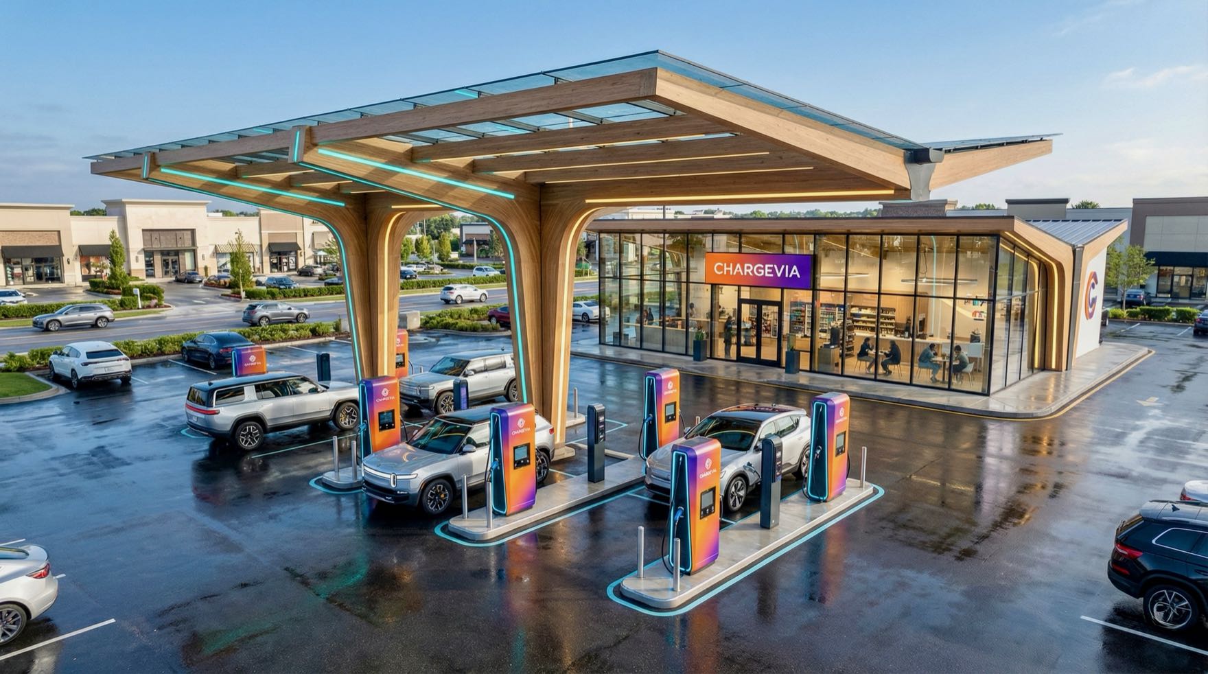Concept rendering of a ChargeVia canopy and charging stop in daylight