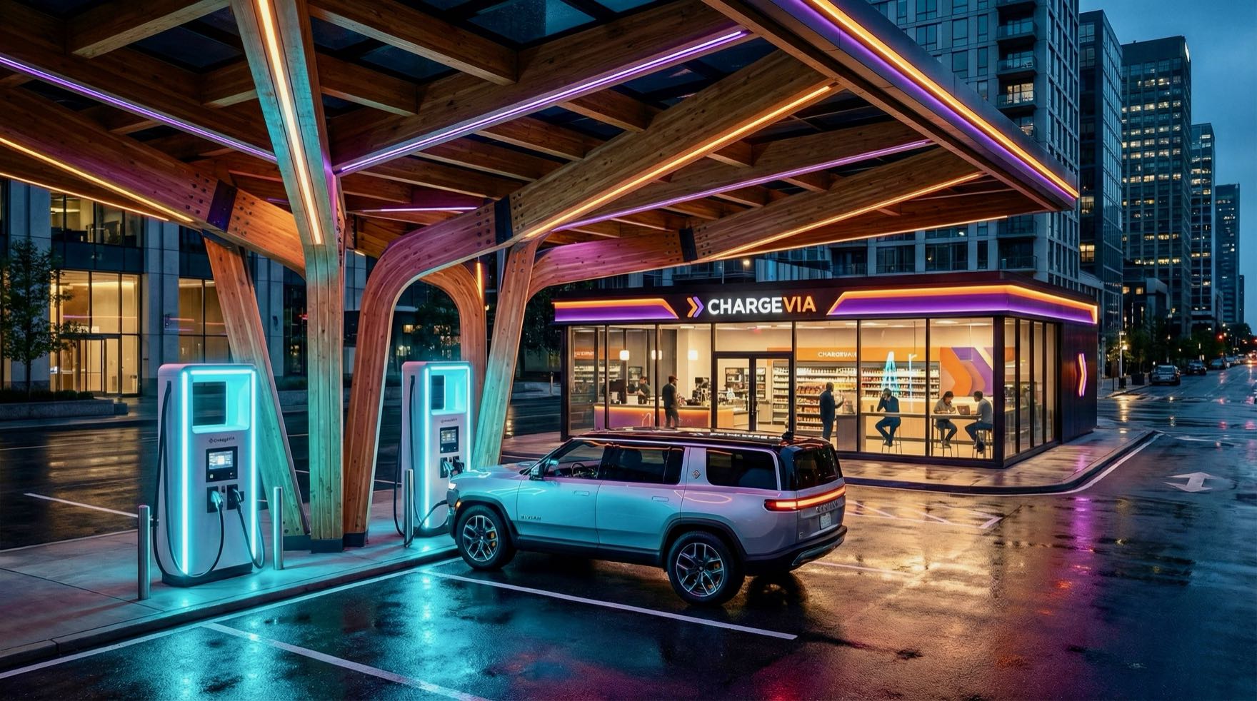 Concept rendering of a ChargeVia charging stop in an urban setting at night
